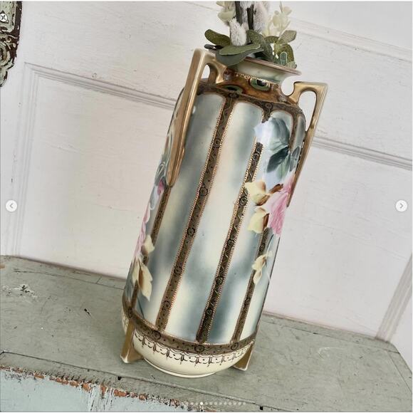 Antique Imperial Nippon Moriage Wild Rose Vase Hand Painted Triple Handle - Picture 5 of 10